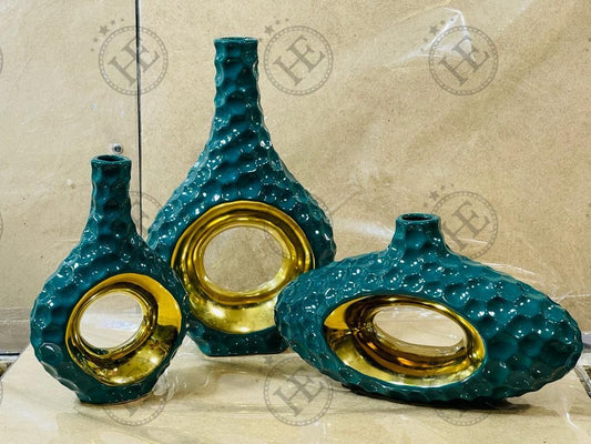 3Pc Green Golden Vase Set GVS604